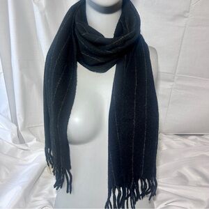 Hugo Boss Black Wool Scarf with Pinstripes & Fringe | Designer Menswear
